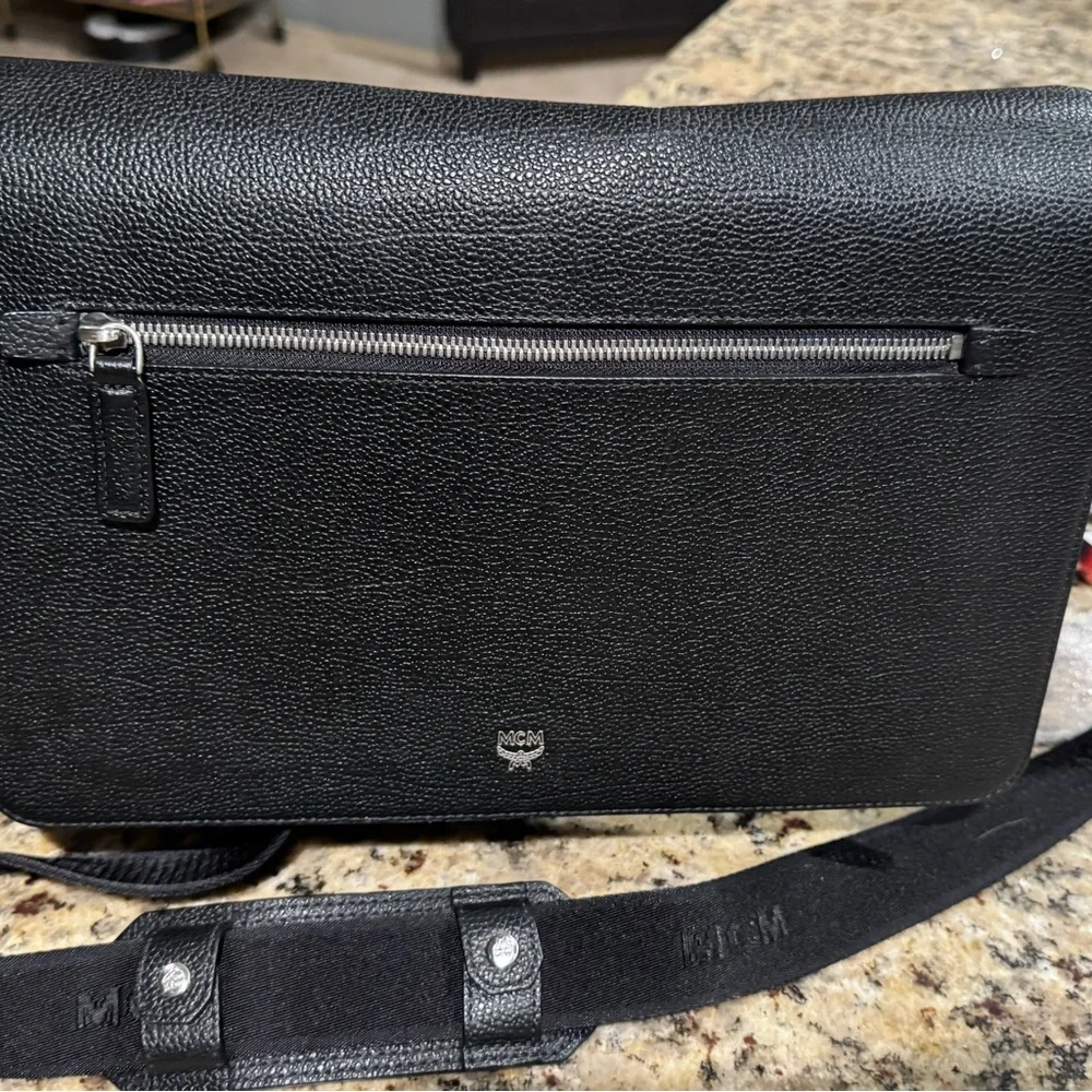 MCM Textured Black Leather Messenger Bag